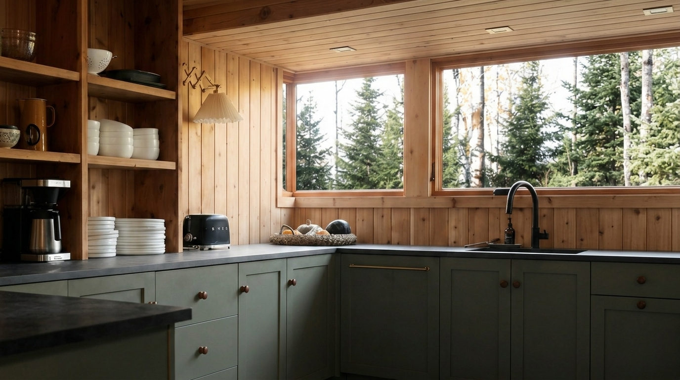 A rustic cabin kitchen interior with light wood paneled walls and windows overlooking a forest, featuring sage green lower cabinets, dark countertops, open wooden shelves with dishes, and a black faucet.